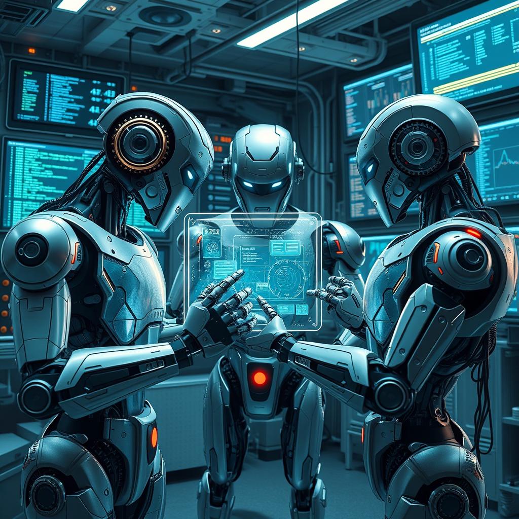A futuristic scene depicting three large robots, each with distinct designs and colors, engaged in an intricate programming session on a glowing holographic interface