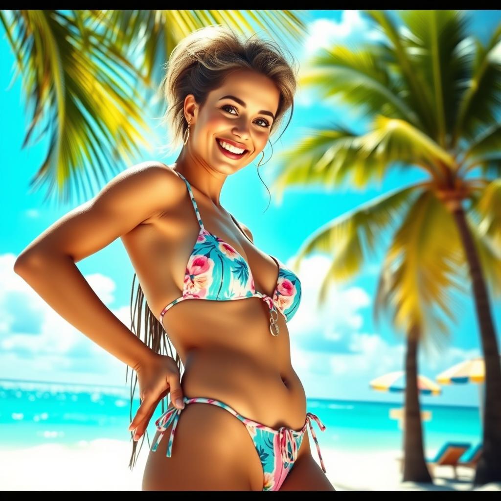 A stunning model wearing a stylish bikini, showcasing a confident pose in a tropical beach setting