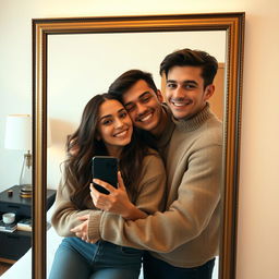 A cozy and intimate mirror selfie featuring a couple