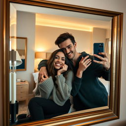 A cozy and intimate mirror selfie featuring a couple