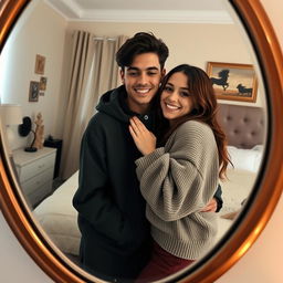A cozy and intimate mirror selfie featuring a couple