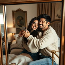 A cozy and intimate mirror selfie featuring a couple