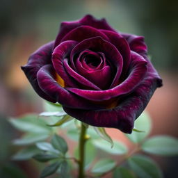 A stunning dark purple rose with delicate yellow highlights, showcasing intricate petal details and lush greenery surrounding it