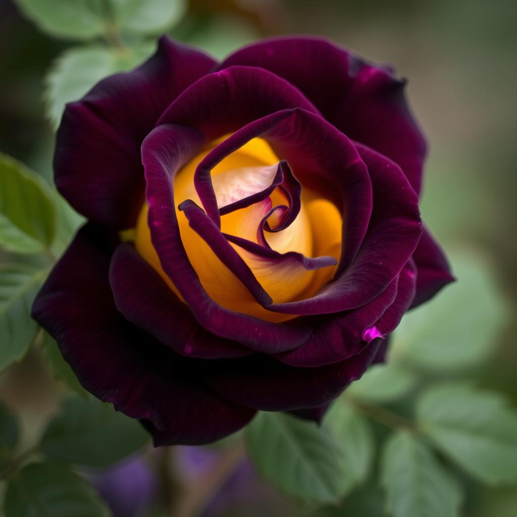 A stunning dark purple rose with delicate yellow highlights, showcasing intricate petal details and lush greenery surrounding it