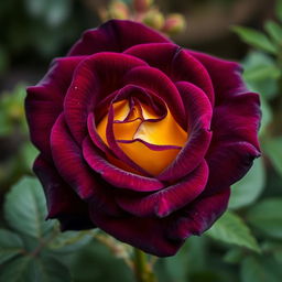 A stunning dark purple rose with delicate yellow highlights, showcasing intricate petal details and lush greenery surrounding it