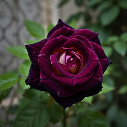 A stunning dark purple rose with delicate yellow highlights, showcasing intricate petal details and lush greenery surrounding it