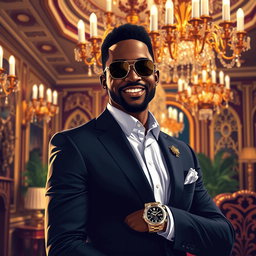 A stylized, vibrant portrait of a luxury lifestyle, featuring an elegant setting with extravagant decor