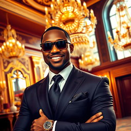 A stylized, vibrant portrait of a luxury lifestyle, featuring an elegant setting with extravagant decor