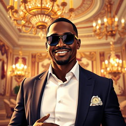 A stylized, vibrant portrait of a luxury lifestyle, featuring an elegant setting with extravagant decor