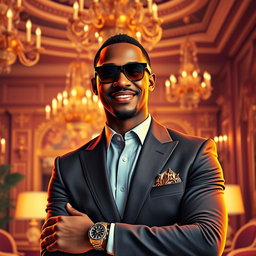 A stylized, vibrant portrait of a luxury lifestyle, featuring an elegant setting with extravagant decor