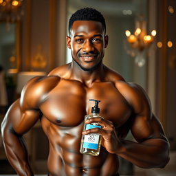 A striking image of a muscular Black man, showcasing a confident demeanor while shirtless