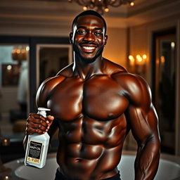 A striking image of a muscular Black man, showcasing a confident demeanor while shirtless