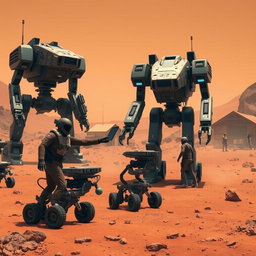 A dynamic scene on Mars where humans program and operate three large battle robots