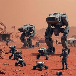 A dynamic scene on Mars where humans program and operate three large battle robots