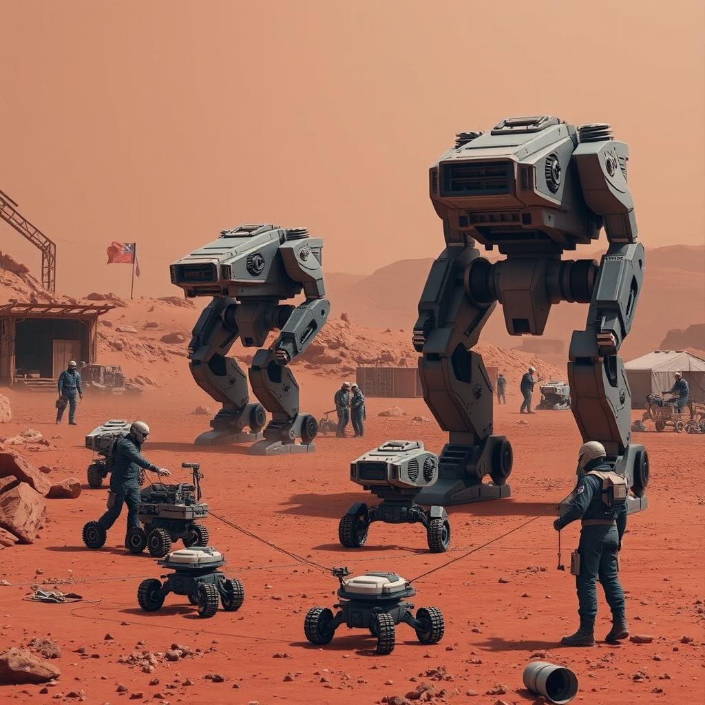 A dynamic scene on Mars where humans program and operate three large battle robots
