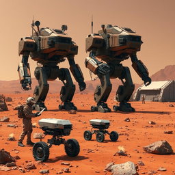 A dynamic scene on Mars where humans program and operate three large battle robots
