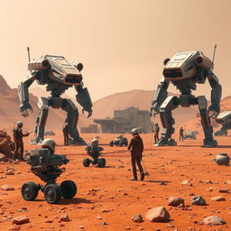 A dynamic scene on Mars where humans program and operate three large battle robots