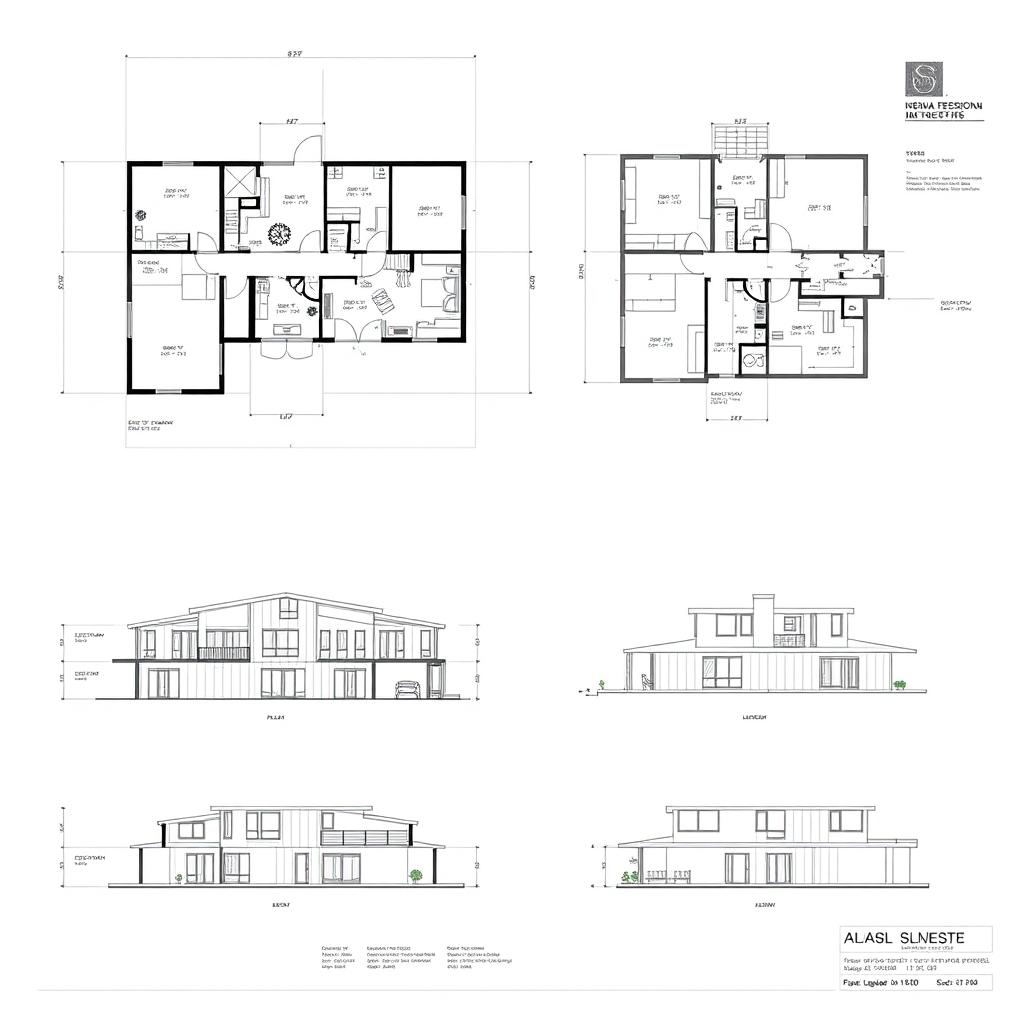 An architectural plan sheet showcasing detailed floor plans, elevation views, and section drawings
