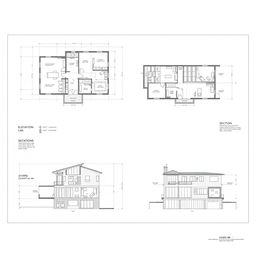 An architectural plan sheet showcasing detailed floor plans, elevation views, and section drawings