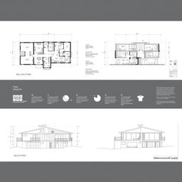 An architectural plan sheet showcasing detailed floor plans, elevation views, and section drawings