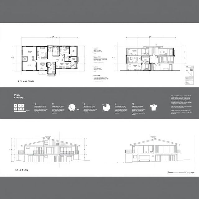 An architectural plan sheet showcasing detailed floor plans, elevation views, and section drawings