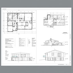 An architectural plan sheet showcasing detailed floor plans, elevation views, and section drawings