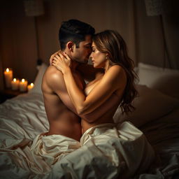 An intimate, sensual scene showcasing two adults locked in a passionate embrace, surrounded by soft, ambient lighting