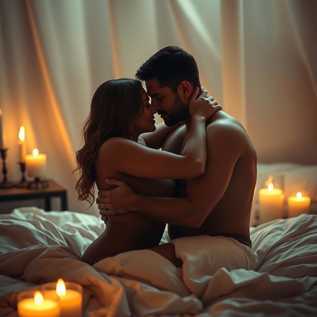 An intimate, sensual scene showcasing two adults locked in a passionate embrace, surrounded by soft, ambient lighting
