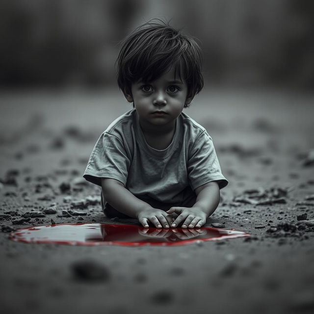 A somber scene depicting a young boy sitting silently next to a pool of blood