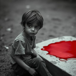 A somber scene depicting a young boy sitting silently next to a pool of blood