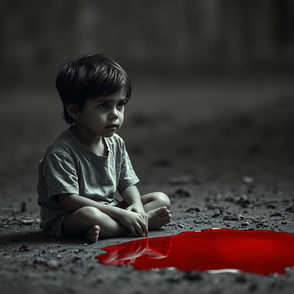 A somber scene depicting a young boy sitting silently next to a pool of blood