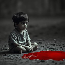 A somber scene depicting a young boy sitting silently next to a pool of blood