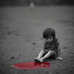 A somber scene depicting a young boy sitting silently next to a pool of blood