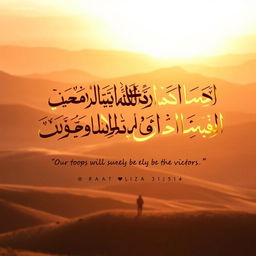 An artistic representation featuring the text of the Quranic verse: وَإِنَّ جُندَنَا لَهُمُ ٱلۡغَٰلِبُونَ ("Our troops will surely be the victors") in elegant Arabic calligraphy