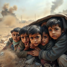 A poignant scene depicting the plight of innocent children in Gaza seeking shelter amidst the chaos of Israeli bombardment