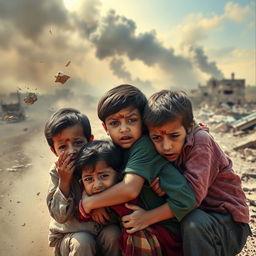 A poignant scene depicting the plight of innocent children in Gaza seeking shelter amidst the chaos of Israeli bombardment