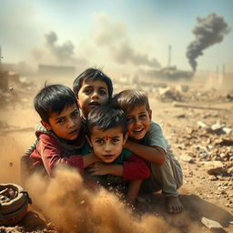 A poignant scene depicting the plight of innocent children in Gaza seeking shelter amidst the chaos of Israeli bombardment