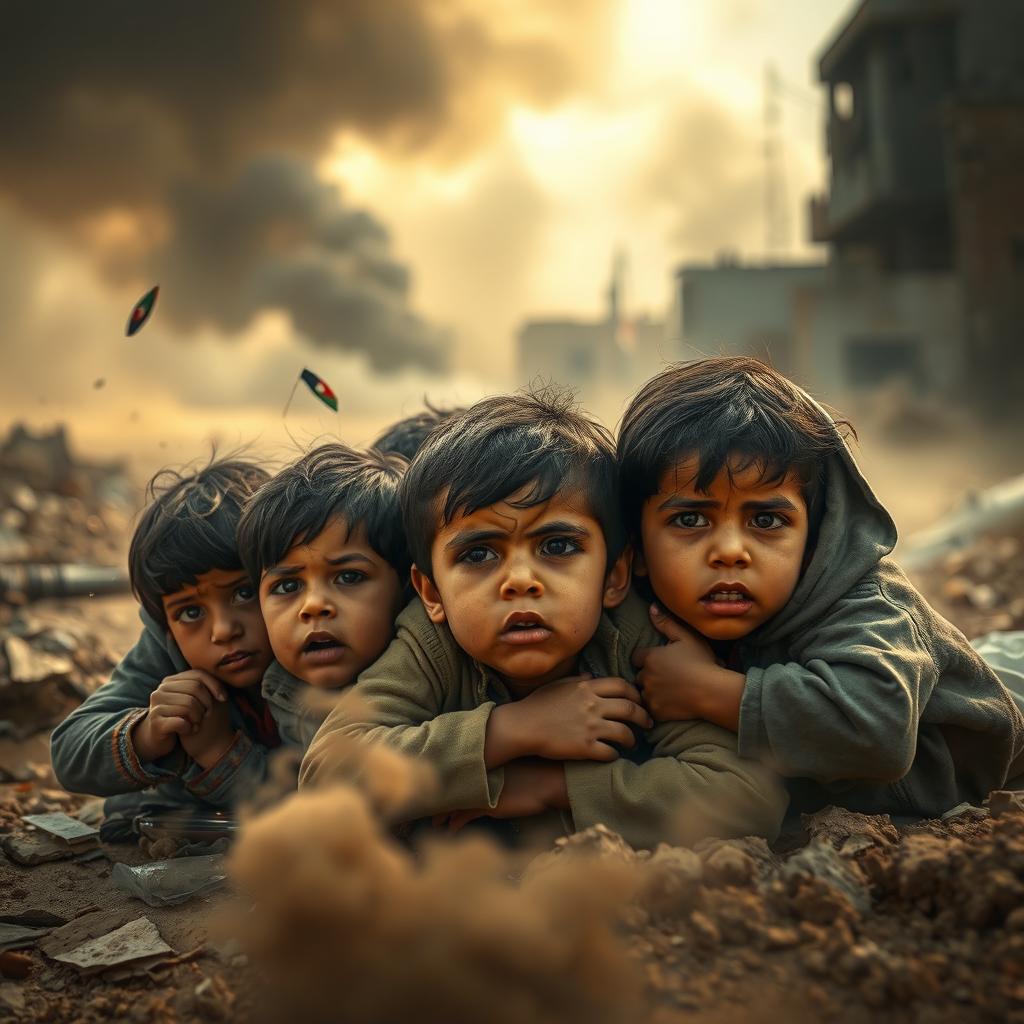 A poignant scene depicting the plight of innocent children in Gaza seeking shelter amidst the chaos of Israeli bombardment