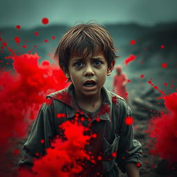 A dramatic scene depicting a young boy surrounded by vivid splashes of red, suggesting a chaotic and intense environment