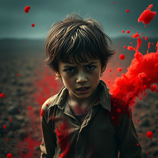 A dramatic scene depicting a young boy surrounded by vivid splashes of red, suggesting a chaotic and intense environment