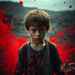 A dramatic scene depicting a young boy surrounded by vivid splashes of red, suggesting a chaotic and intense environment