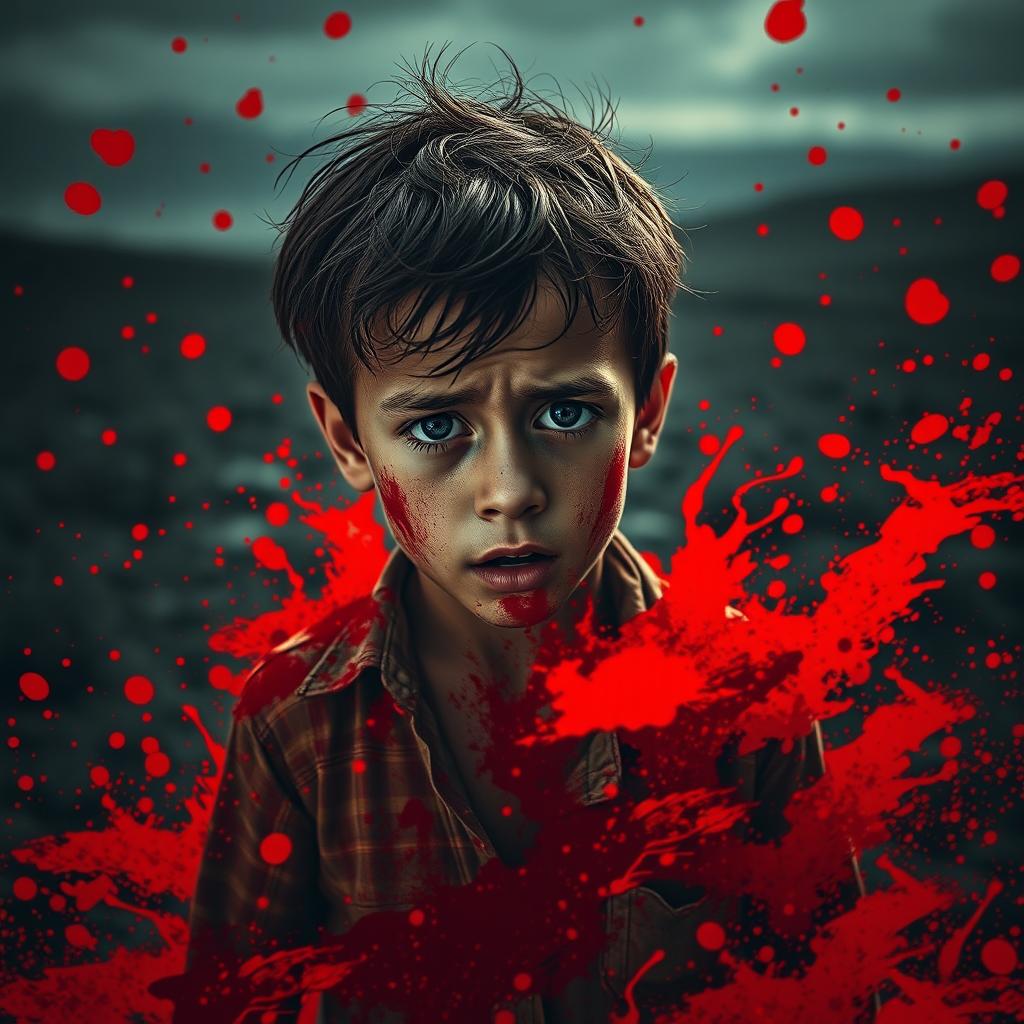 A dramatic scene depicting a young boy surrounded by vivid splashes of red, suggesting a chaotic and intense environment