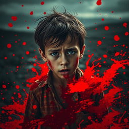 A dramatic scene depicting a young boy surrounded by vivid splashes of red, suggesting a chaotic and intense environment