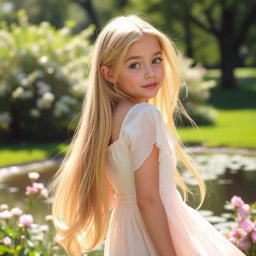 A girl with long, flowing blonde hair, elegantly looking back over her shoulder