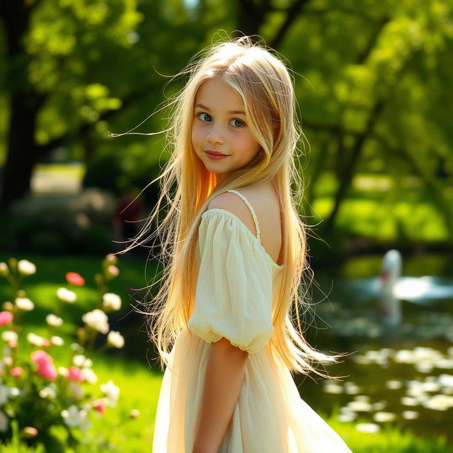 A girl with long, flowing blonde hair, elegantly looking back over her shoulder