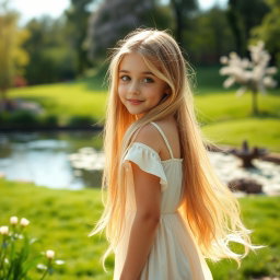 A girl with long, flowing blonde hair, elegantly looking back over her shoulder