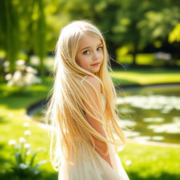 A girl with long, flowing blonde hair, elegantly looking back over her shoulder
