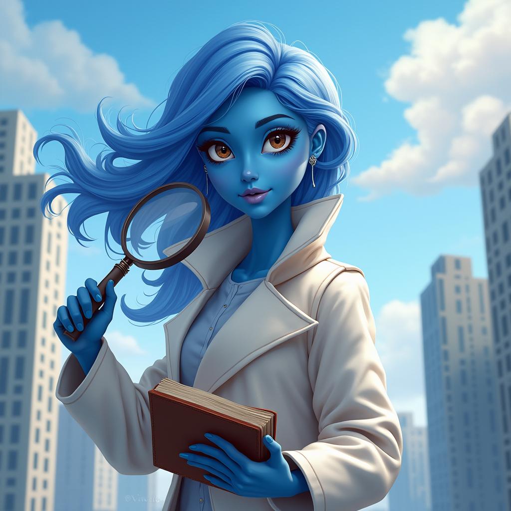 A stylish air genasi detective, featuring striking blue and white skin with flowing, airy hair that resembles clouds