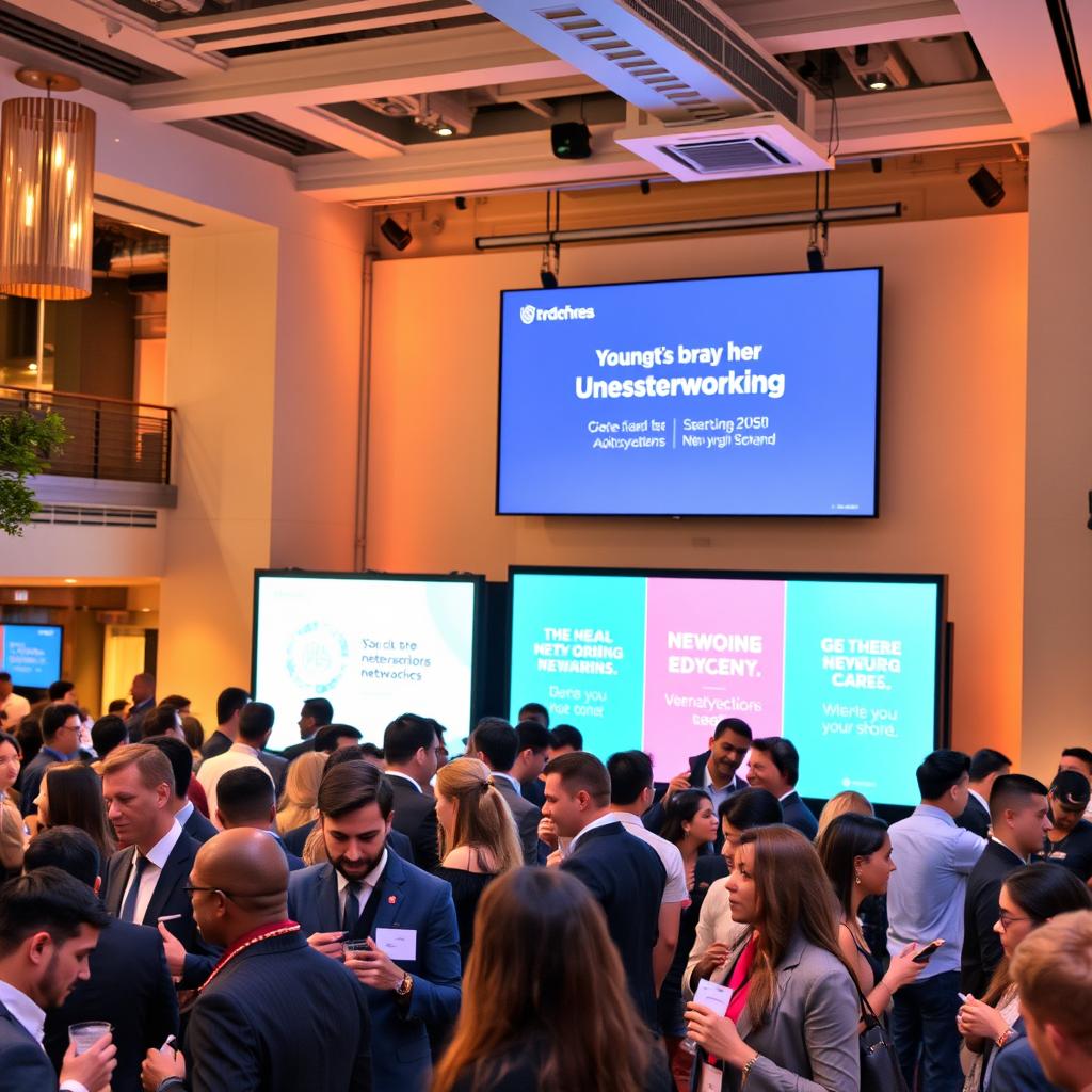 A busy urban networking event with a diverse group of professionals engaged in lively conversations