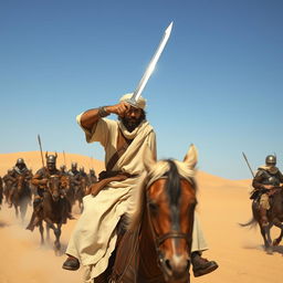 A Muslim man wielding a sword, bravely engaged in battle on horseback in a vast desert